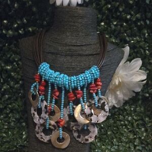 Turquoise and Red Beaded Necklace with Gold Accents